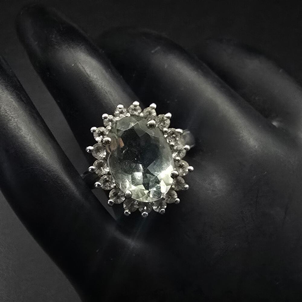 Sterling Silver Green Amethyst Halo Ring Size 7 Vintage